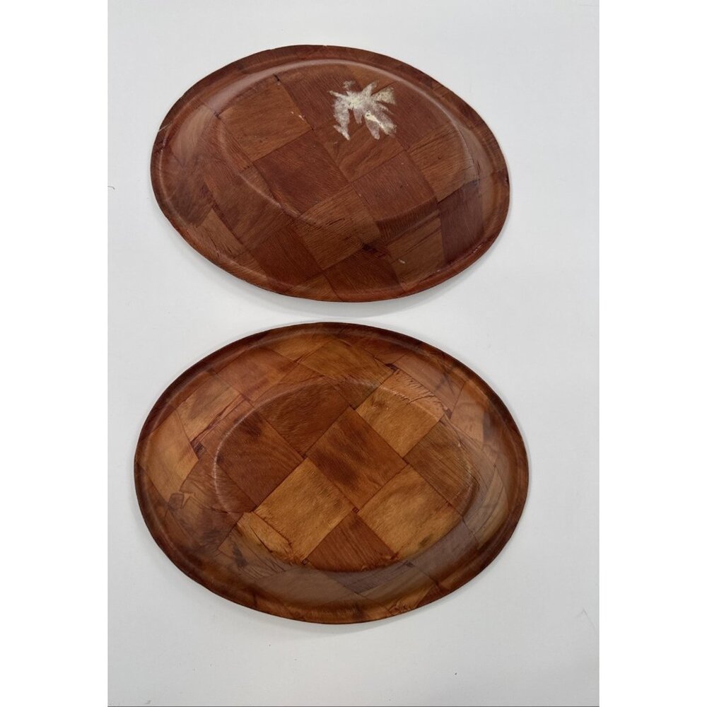 Vintage Parquet Weave Wood Oval Serving Bowls 12" Lot of 2 Woven Mid Century MCM - Picture 8 of 9